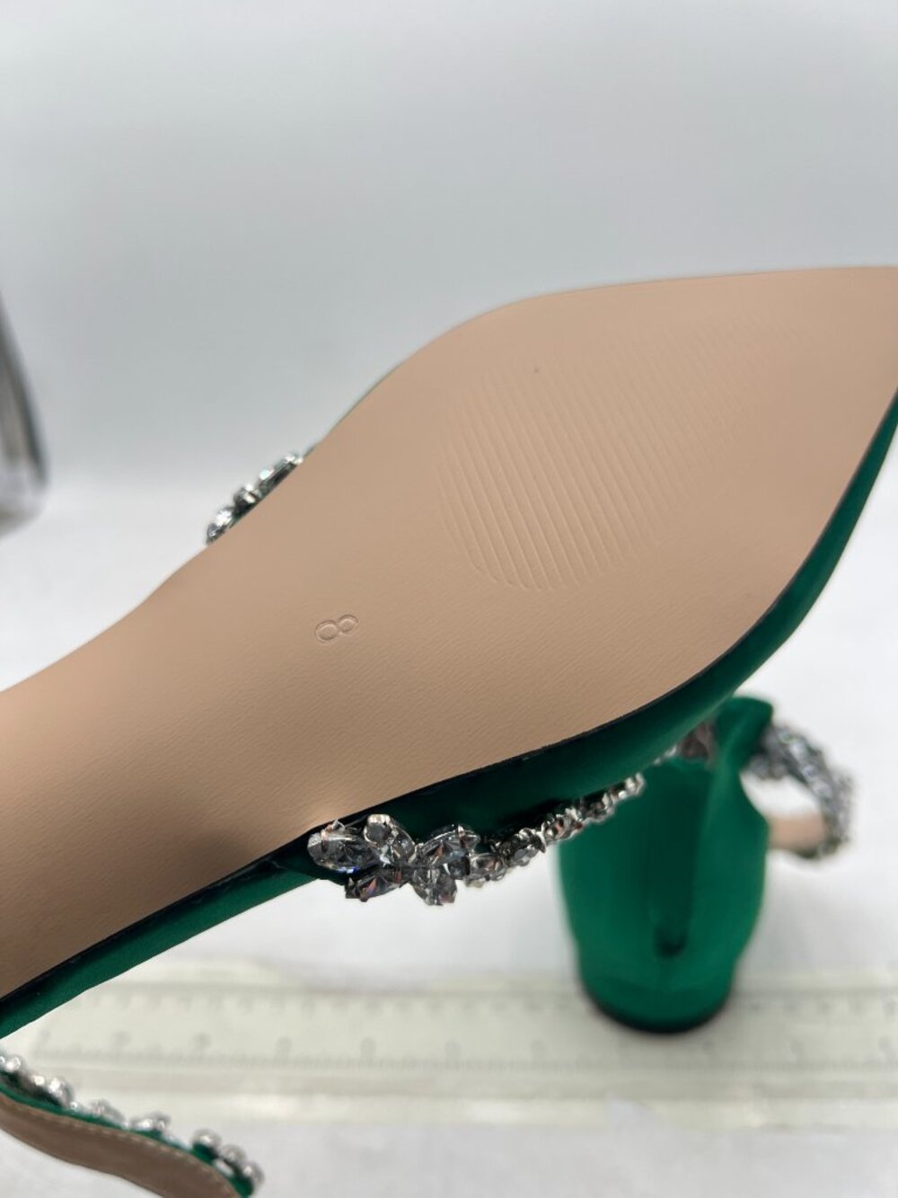 XYD Dark Green Pointed Toe Wedding Sandals Sparkly Rhinestones Ankle Strap Shoes - Picture 7 of 9